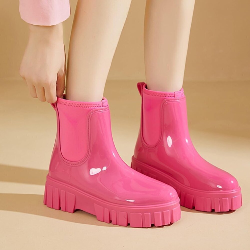 Women's Pink Ankle Boots Waterproof Platform Rubber Chelsea Comfortable Shoes - Picture 2 of 6